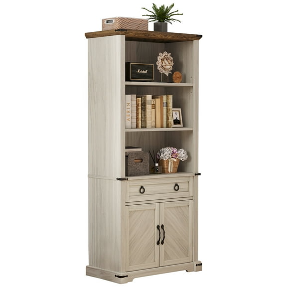 DWVO Bookshelves and Bookcases with Doors & Drawer, 5 Shelf Floor Standing Display Storage with Adjustable Shelf, Tall Wood Bookcase for Home Office, Living Room