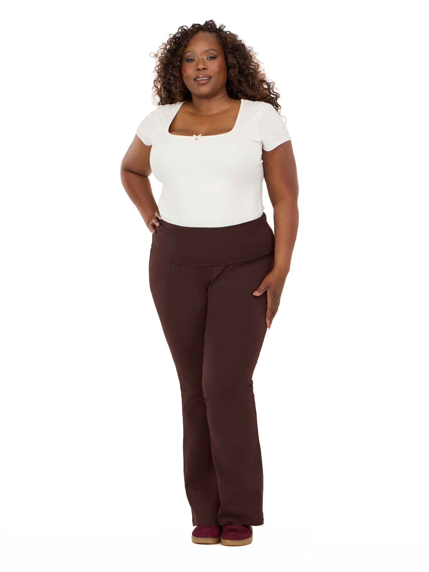 Forever 21 Women's Jersey Fold Over Waist Pants with Graphic Detail, Flare Leg Lounge Pants, Stretch Casual Everyday Comfort Style, Brown, XXS-4X