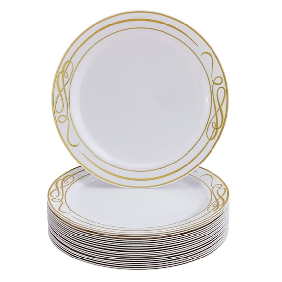 PLASTIC PLATES FOR WEDDING | 20 pc | Heavy Duty Plastic Dishes | Elegant Fine China Look | Bella – Gold (10.25”)
