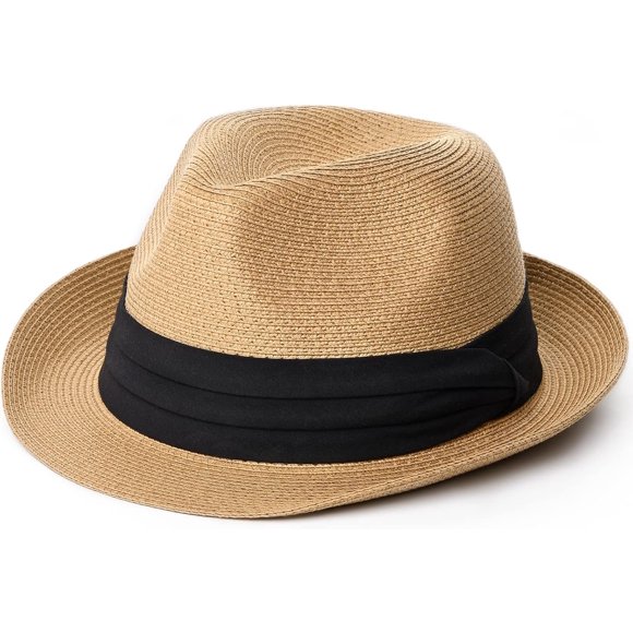 Large-X-Large KhakiFedora Straw Sun Hat for Men Women Foldable Roll Up Short Brim Trilby Hat Panama Beach Hat UPF 80+