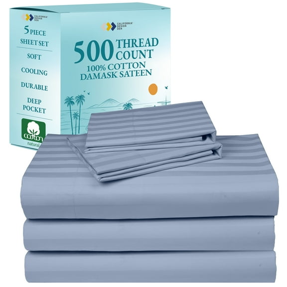 California Design Den Striped King Split Sheets For Adjustable Bed - Soft 500 Thread Count 100% Cotton Sateen 5 Piece Set with 2 Twin-XL Fitted Sheets - Light Blue