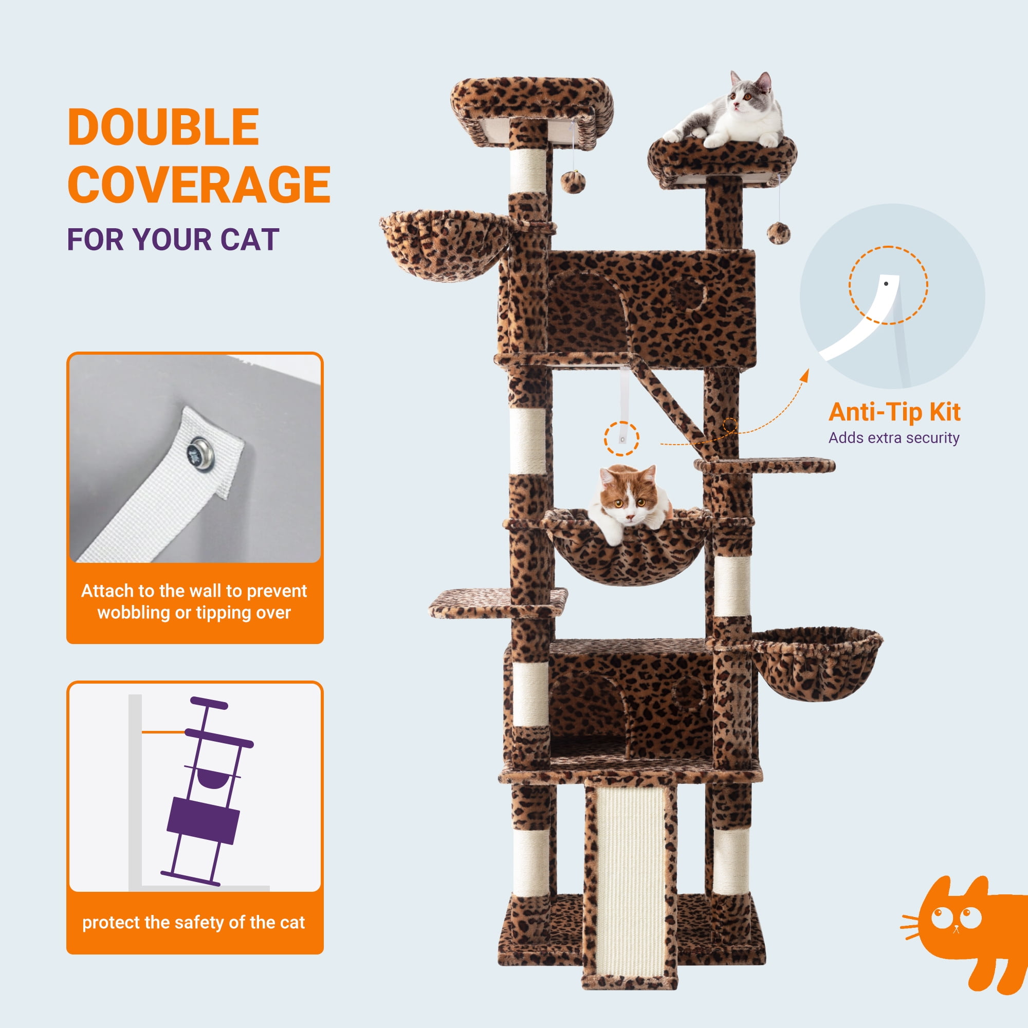 Allewie 81 Inches Multi-Level Tall Cat Tree for Large Cat, Cat Climbing Tree with Cat Condo and Hammock, Scratching Post, Wide Base, Leopard Print