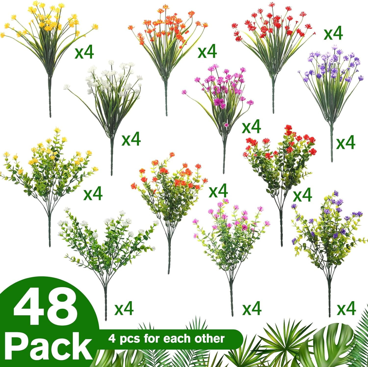 48 Bundles Artificial Flowers Outdoor,UV Resistant Faux Plastic Plants Greenery Shrubs Flower Bulk for Hanging Planter Porch Window Home Wedding Spring Summer Decor(Bright Color)