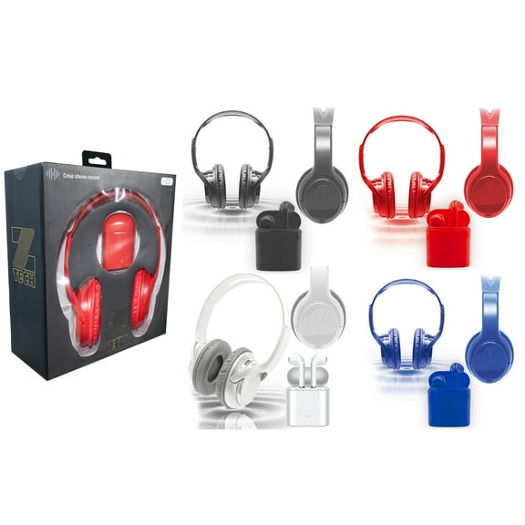Zummy Wireless Over-Ear Bluetooth Headphones and True Wireless Earbud Set - Black
