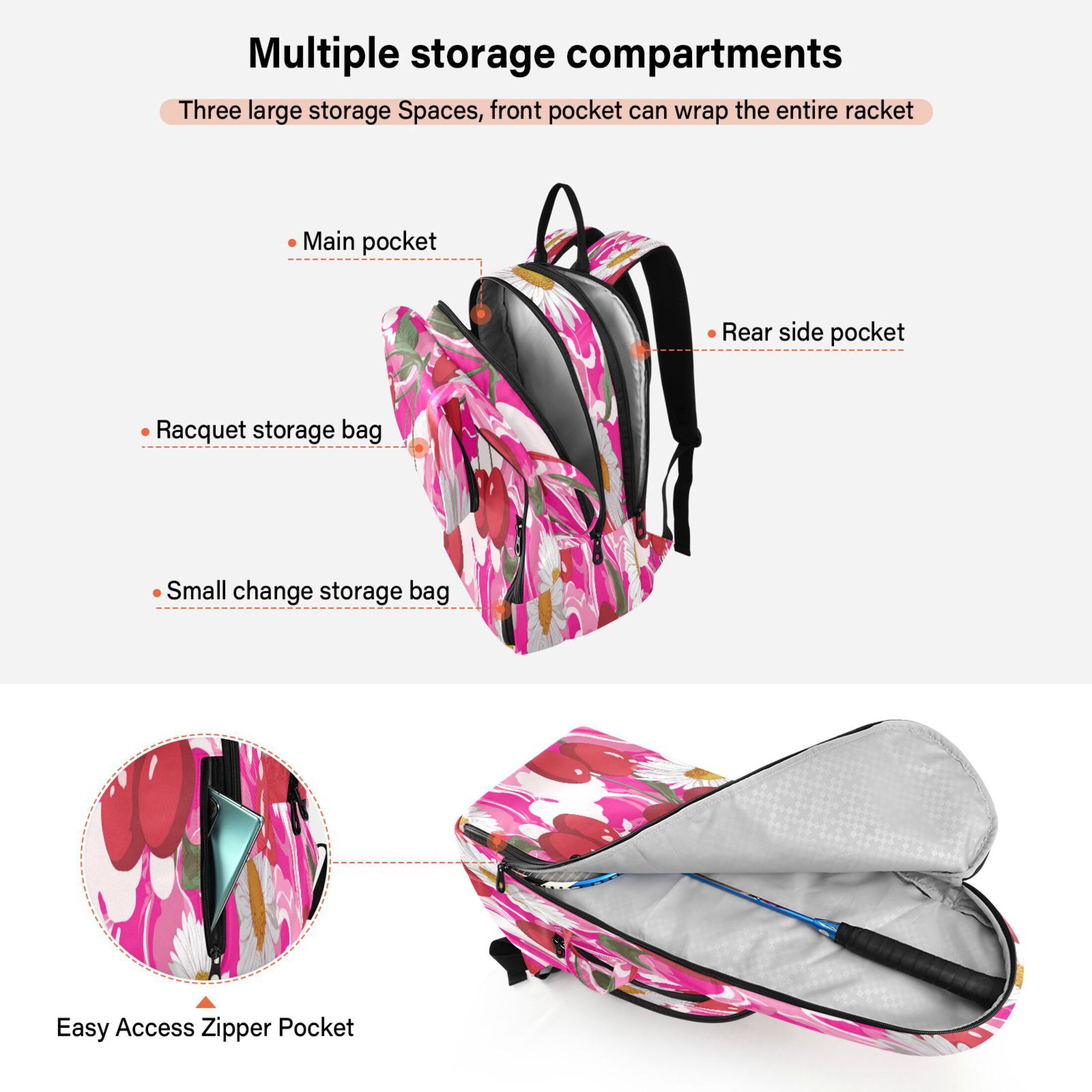 2 Racquet Holder Tennis Backpack Tennis Racket Covers Gym Bags Cherries and Daisies