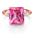 thumbnail image 2 of Gem Stone King 18K Rose Gold Plated Silver 12X10MM Pink Created Sapphire and 2MM White Moissanite 3 Stone Engagement Ring for Women | 6.68 Cttw | Gemstone September Birthstone | Size 9, 2 of 3