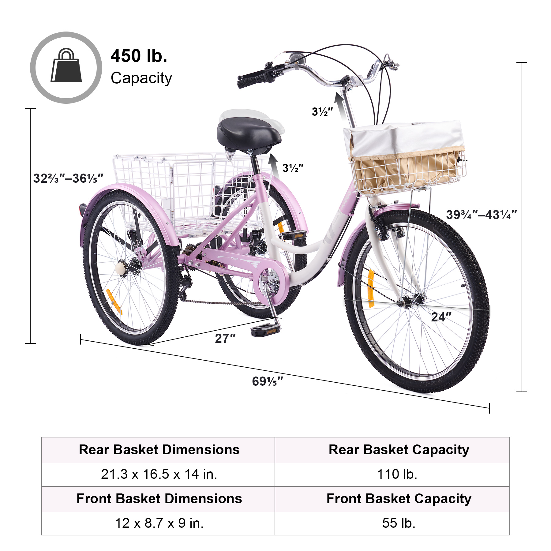 VIRIBUS 24 Inch Adult Trike 7 Speed Bike w Adjustable Seat 2 Baskets Purple White