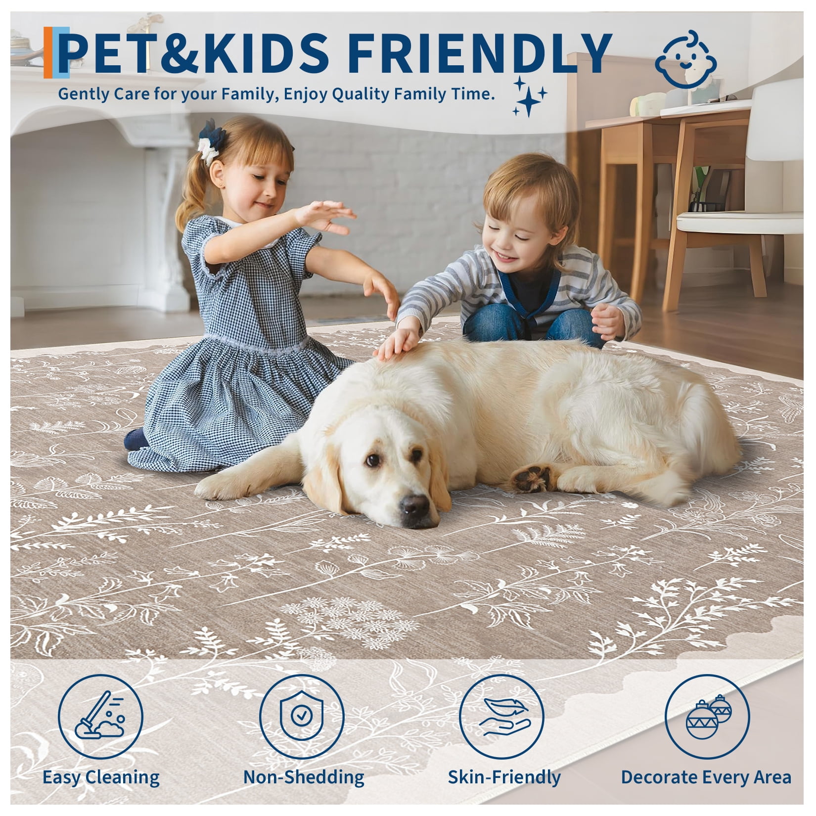 9x12 Under Bed Machine Washable Area Rugs, Modern Floral Print Floor Cover Carpet with Non Slip Backing Stain Resistant Farmhouse Rug for Nursery, Living Room, Office