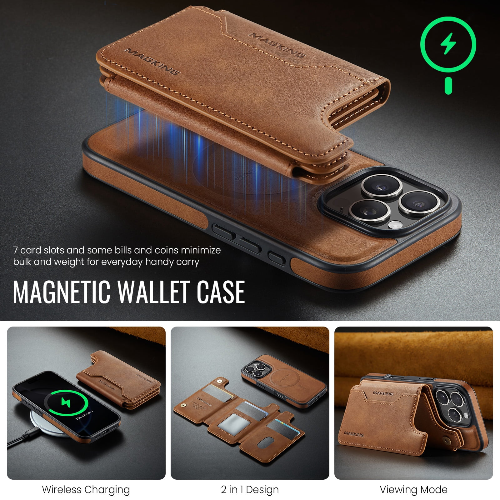 Designed for iPhone 16 Pro Max Wallet Phone Case,Magnetic Detachable Flip Card Holder,Back Flip Kickstand,Compatible with Mag-Safe,2-in-1 PU Leather Heavy Duty Shockproof Phone Case,Brown