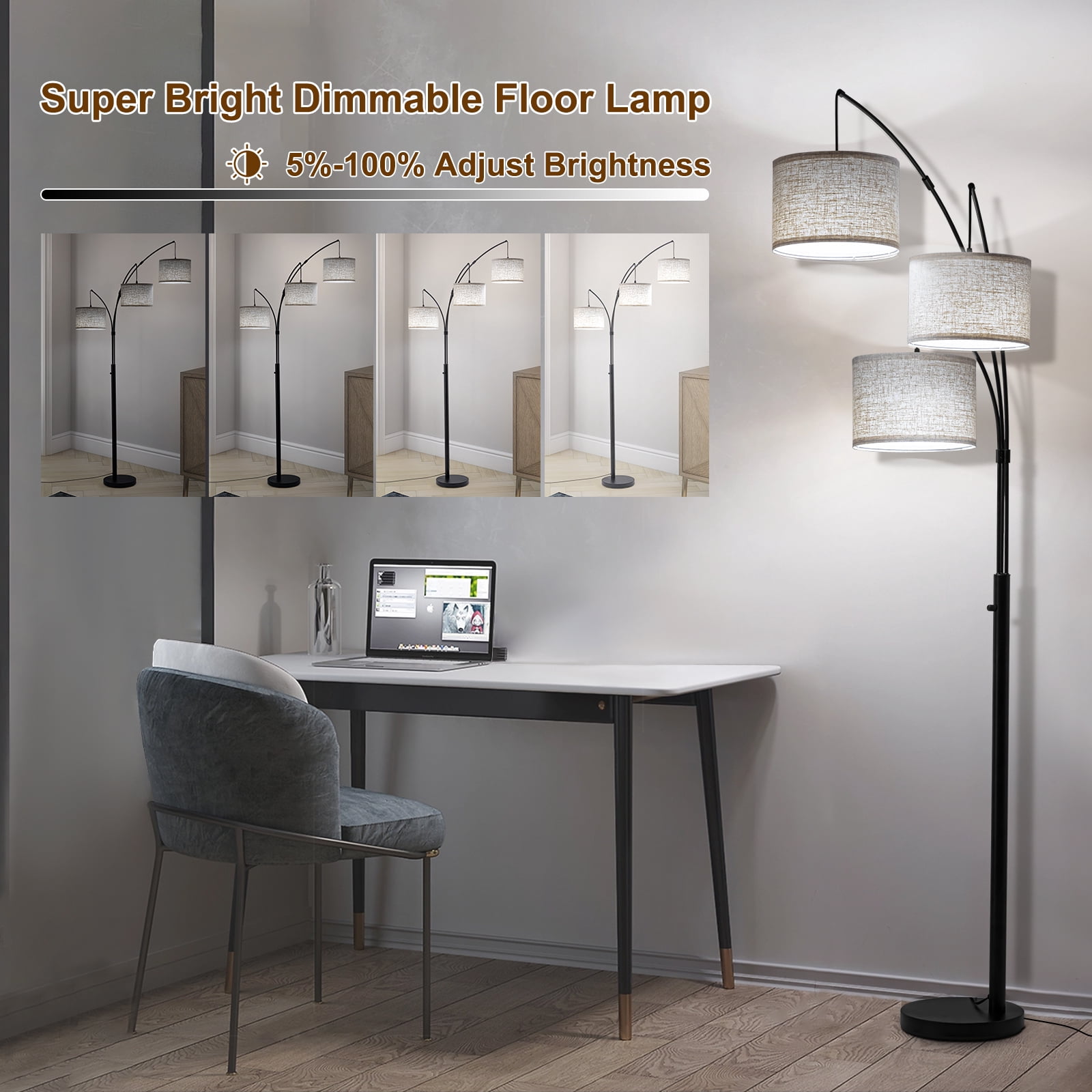 Netin 80” 3-Light Modern Dimmable Black Arc Floor Lamp with Beige Shades