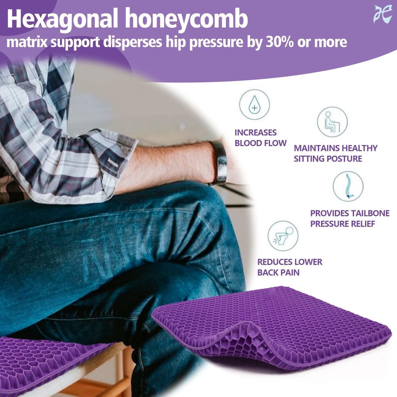 Purple Gel Seat Cushion, 19.7" Extra Large Double Thick Chair Cushions for Office Chair, Wheelchair, Car Seat, Couch, Stadium Seat Cushion for Tailbone Pain Relief, Cooling & Breathable Seat Cushions