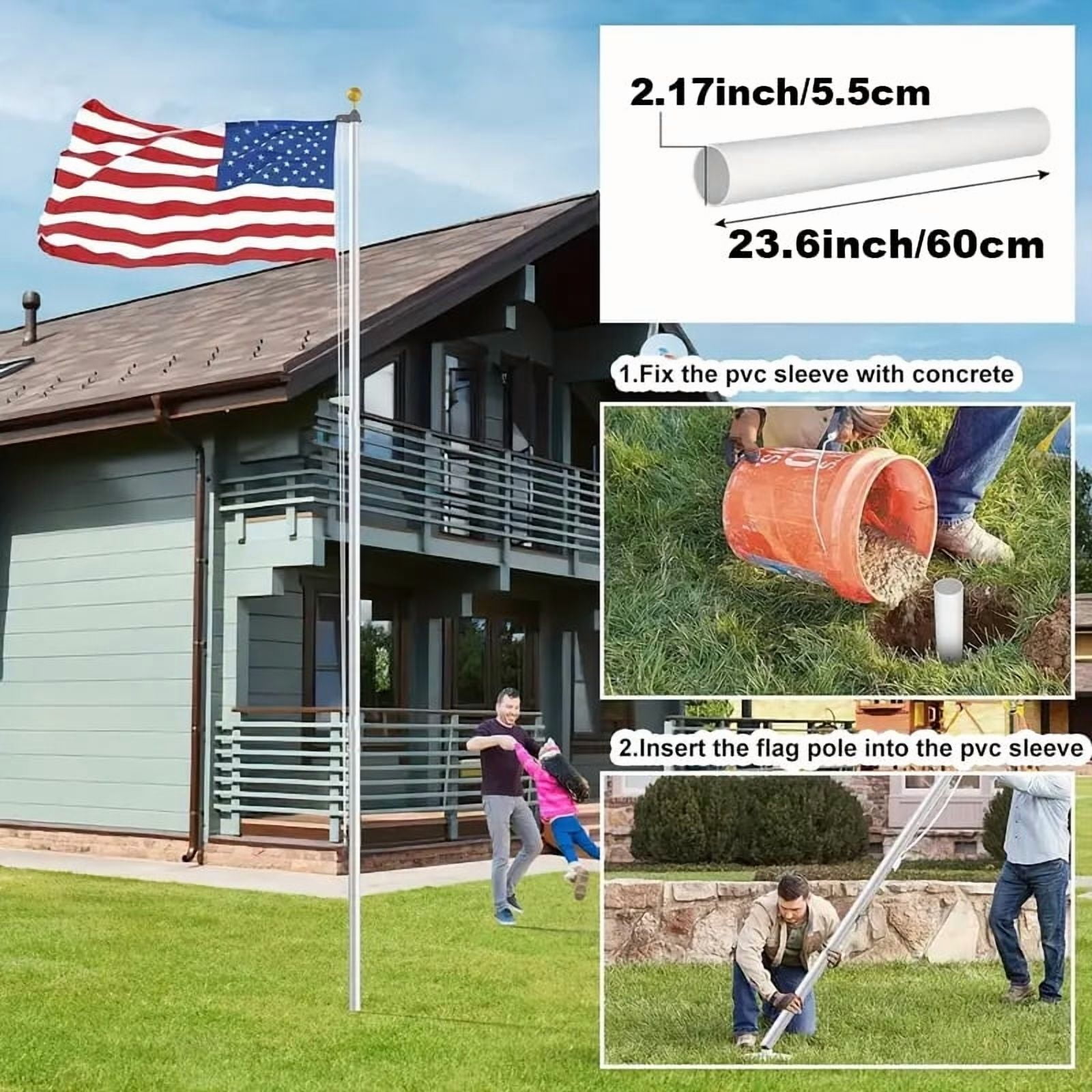 20FT/25FT Sectional Flag Pole Heavy Duty Aluminum Flagpole Halyard Golden Ball Kit with 2 USA Flags Set