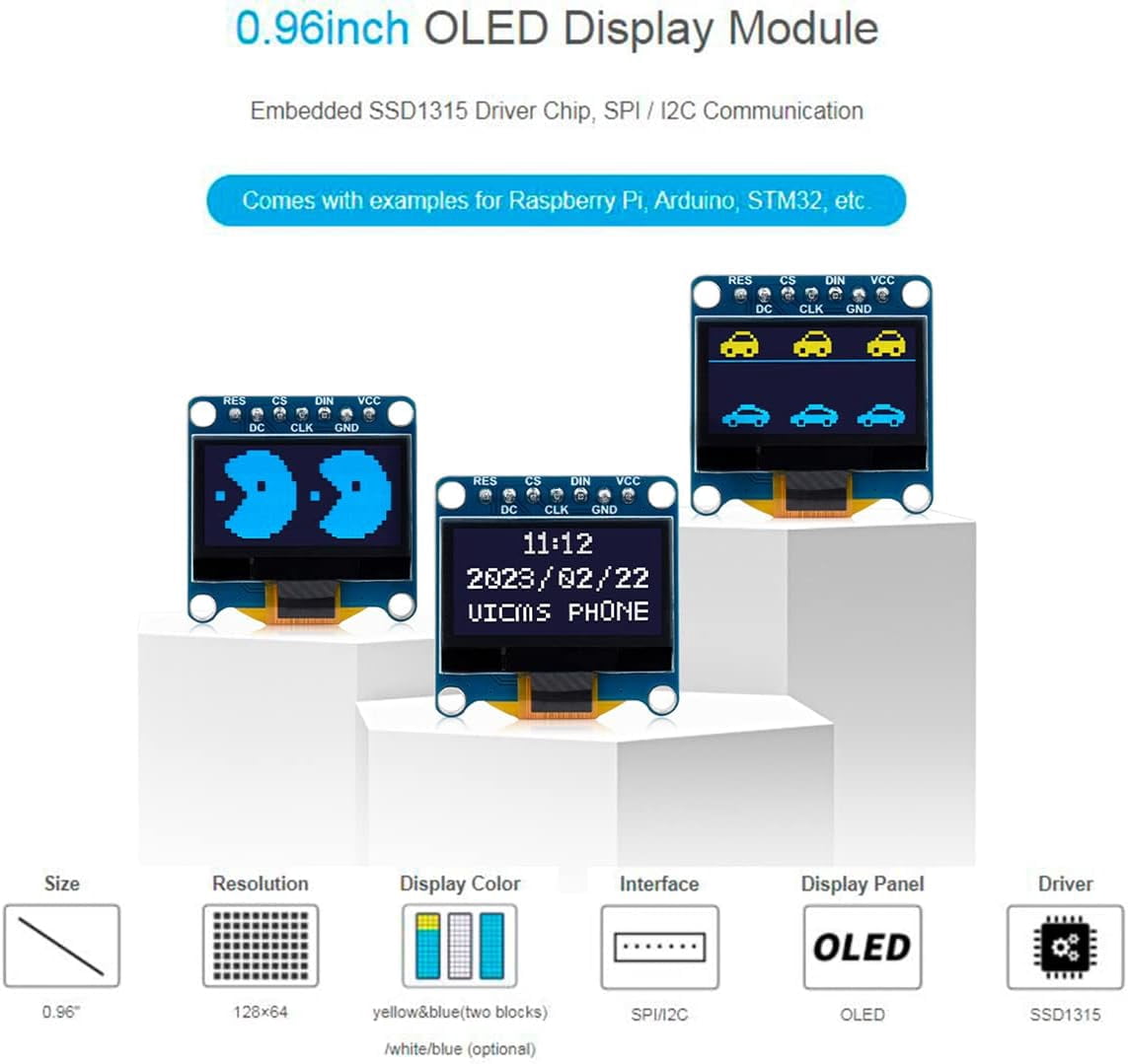 0.96inch OLED Display Module, 128×64 Resolution SPI / I2C Communication SSD1315 Driver Chip, Yellow and Blue Display Color, Compatible with Arduino, , STM32, etc