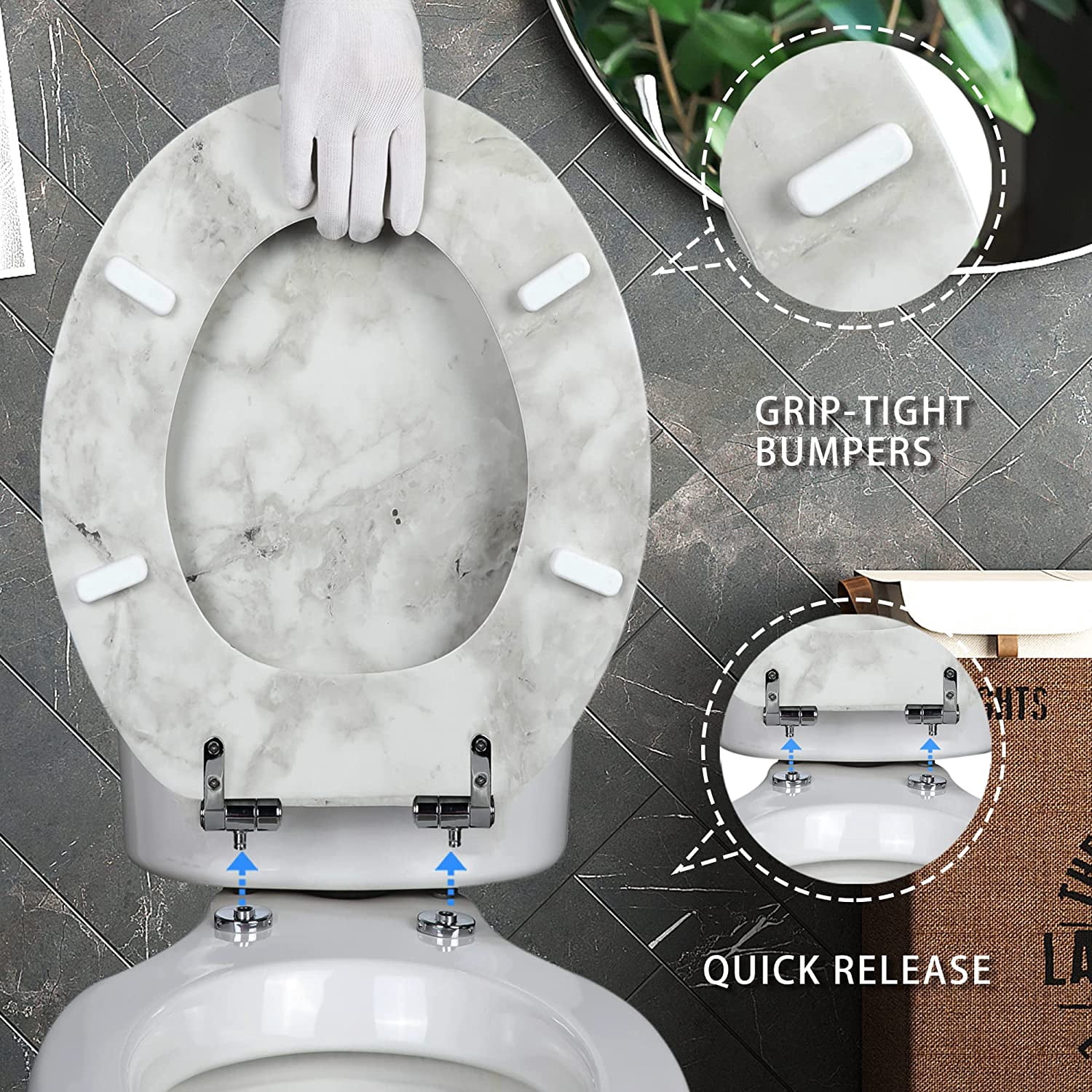 Marble Toilet Seat Durable Molded Wood with Quiet Close,Easy Clean Quick-Release Hinges (Elongated,Gray Marble)