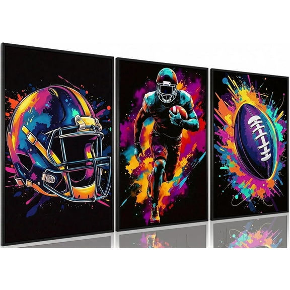 3 Pcs American Football Colorful Wall Art Decor, Rugby Field Stadium Sports Canvas Painting Posters,Graffiti Football Pictures for Boys Room Living Room Bedroom Home Decoration