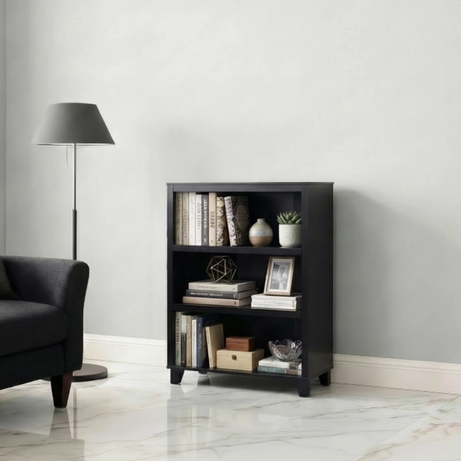 3-Tier Bookcase with Adjustable Shelves，27.56"W x 11.83"D x 40.16"H Floor Standing Open Bookshelf with Wood Legs for Home Office, Living Room, and Bedroom Storage,Black