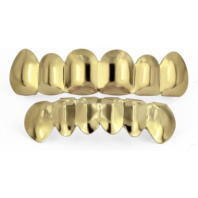 LAICAIW JINAO New Custom Fit Gold Plated Hip Hop Teeth Grillz Caps Fangs Top & Bottom Grill Set Vampire teeth