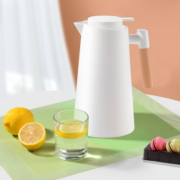 Tetera aislada, uso doméstico, tetera de presión, doble forro de vidrio, mango de madera de haya, fuerte retención de calor, presiona un botón, sin agua, termo blanco
