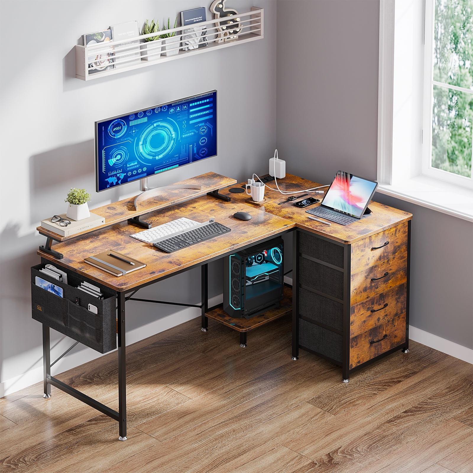L Shaped 63 Vintage Gaming Desk Particleboard Drawer Outlet USB Port 4 Tier Storage Home Office Walmart