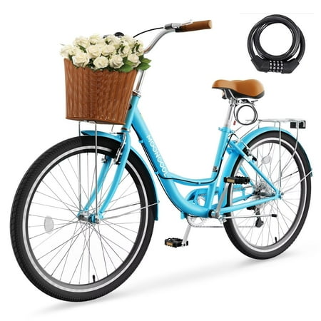 24 26 inch 7 Speed Bicycle for Women with Basket & Lock Cruiser Bike for Women Womens Commuter Bicycle Lightweight City Bikes for Adults Ladies