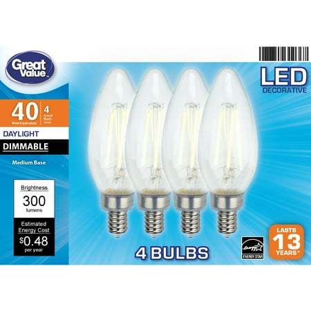 Great Value LED Light Bulb, 4W (40W Equivalent) B10 Deco Lamp E12 Candelabra Base, Dimmable, Daylight, 4-Pack