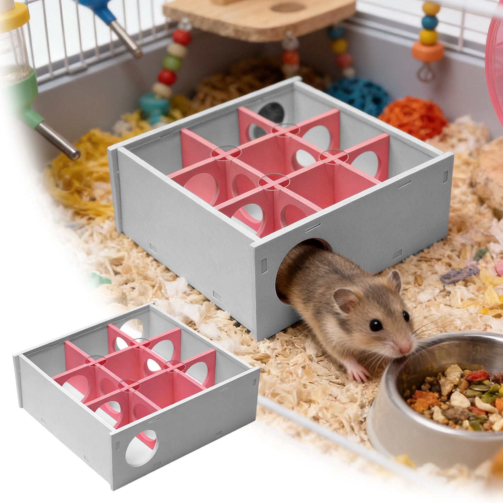 Hamster Maze Hideout - Interactive Wooden Enrichment Toy Multi-Chamber 9-Room Hamster Houses and Hideouts For Small Animals Hamsters Gerbils,Pink