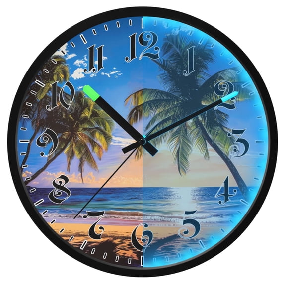 Ryvnso Palm Tree Beach with Sunset 12 Inch Night Light Wall Clock Luminous Silent Battery Operate Clocks