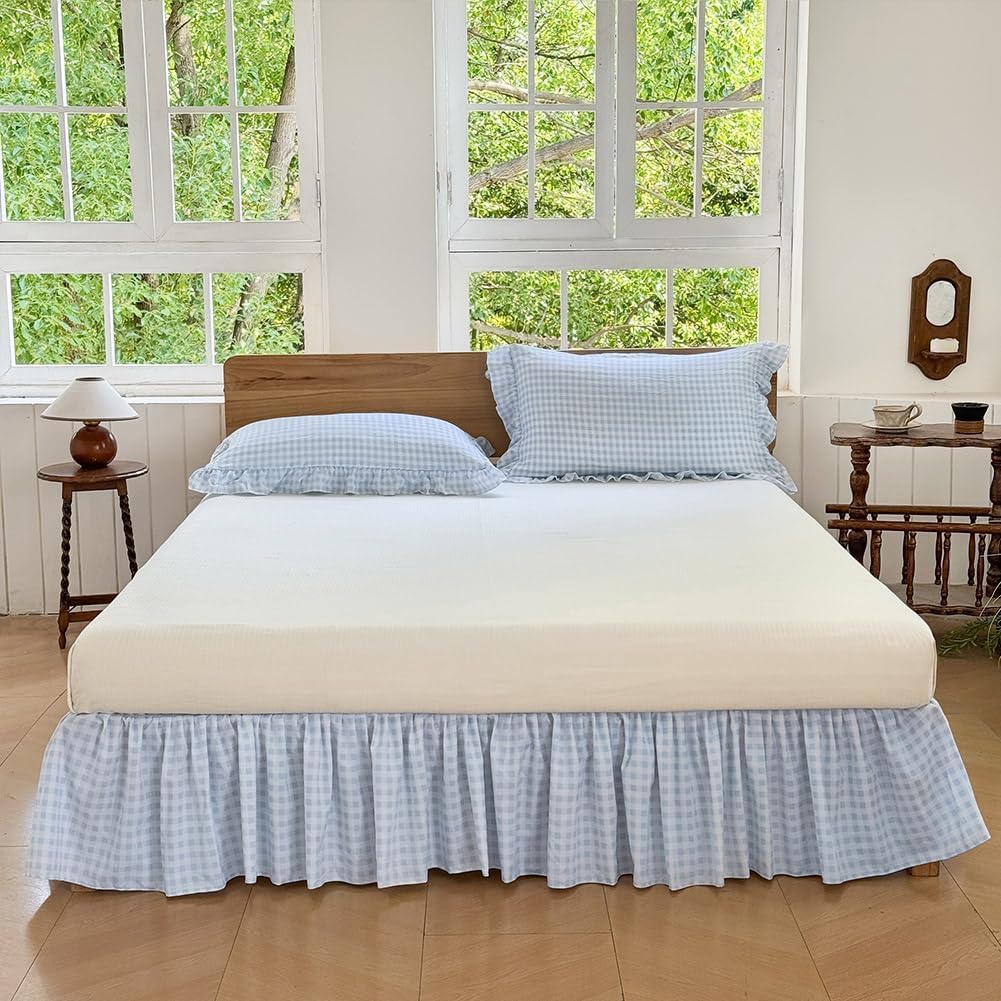 Blue Gingham Wrap Around Ruffled Bed Skirt with Lace Decor, Plaid Grid Adjustable Elastic Dust Ruffles for Queen Bed, 15 Inch Drop Farmhouse Cottage Pleated Bed Frame Cover(Blue Gingham, Queen)