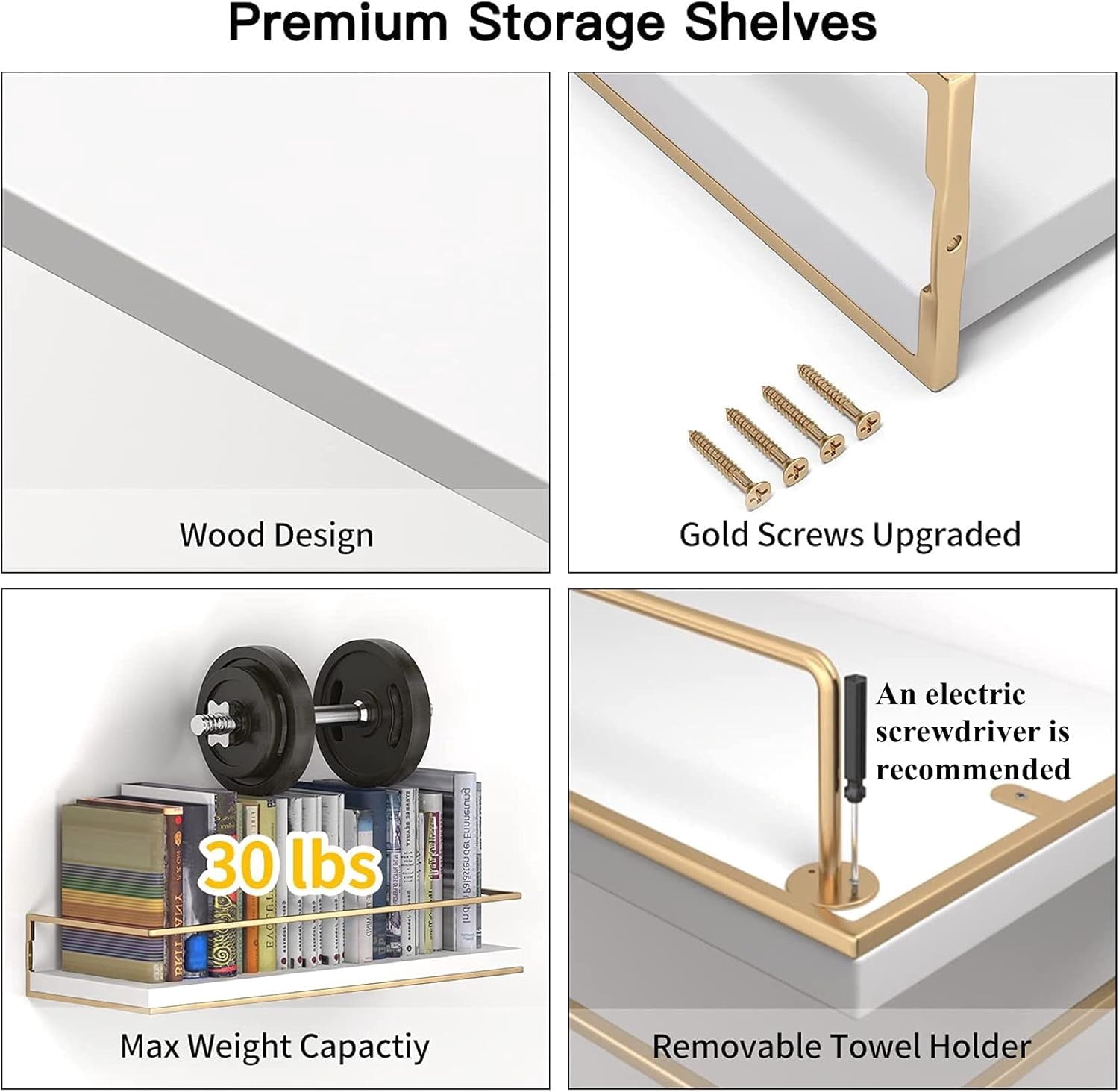 LSFA White Gold Floating Storage Shelves Set of 2 with Towel Rack 15.7 Inch Decorative Wall Shelf