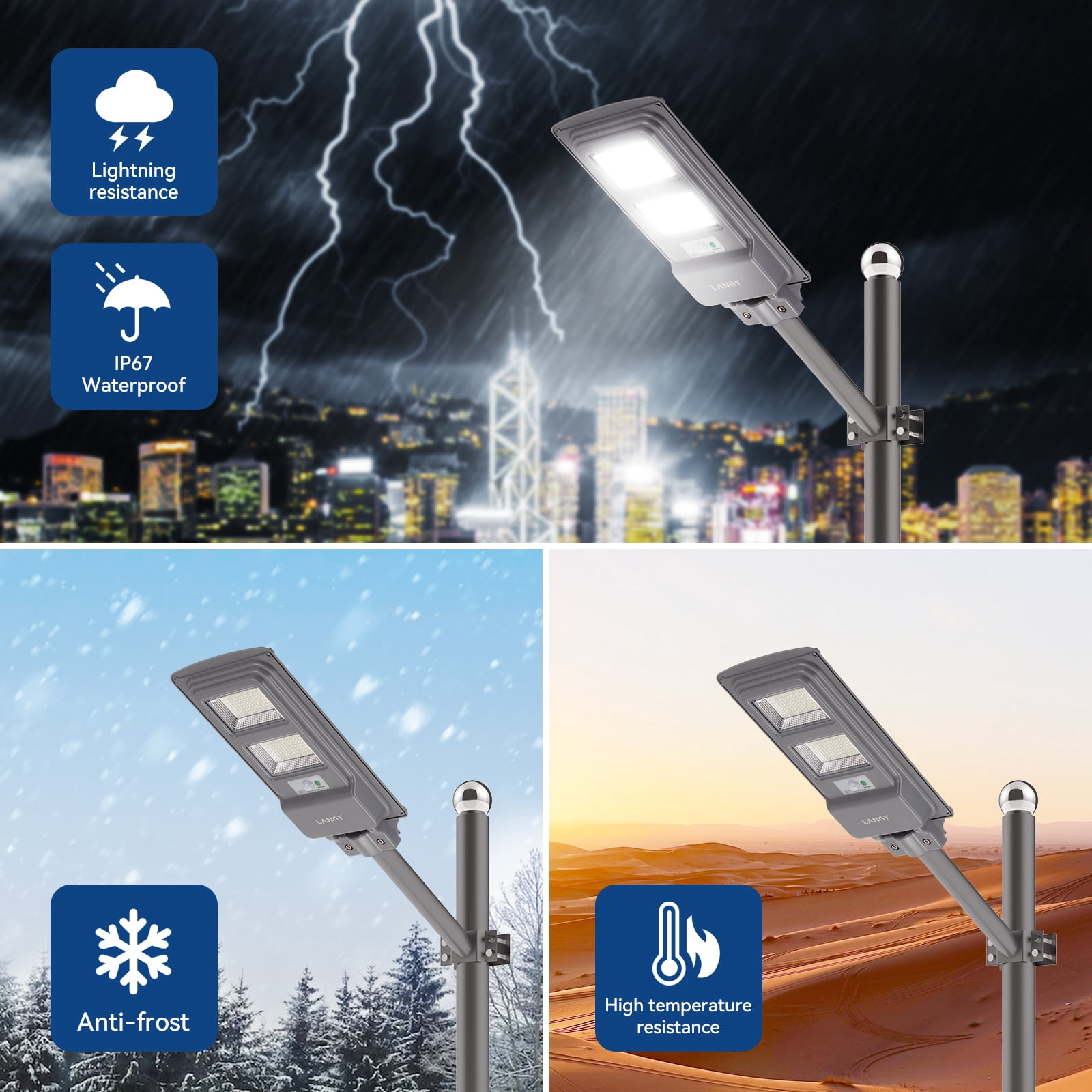 LANGY LED Solar Street Light Motion Sensor 60W, 10000mAh IP65 Waterproof Solar Security Flood Lights Outdoor with Remote Control, Dusk to Dawn Solar Lights Lamp for Garden Yard Parking Lot
