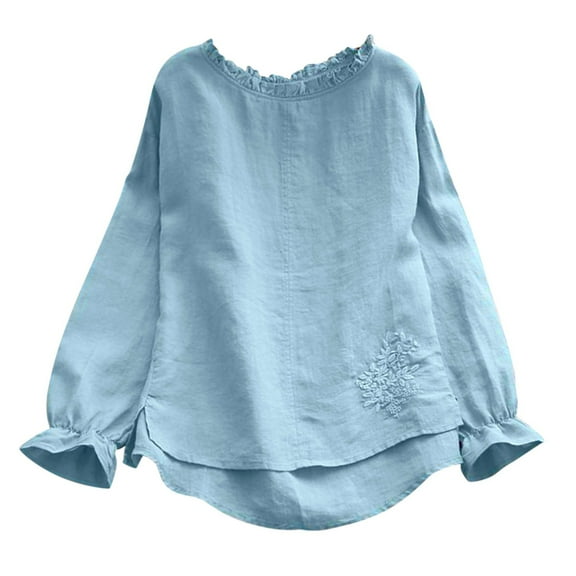 Vedolay Womens Casual Tops Boho Floral Print Puff Long Sleeve Blouses Casual V Neck Tunic Sweatshirt Blue,L