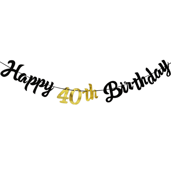 Happy 40th Birthday Banner, Black and Gold, Glitter Script Style, Party Decoration