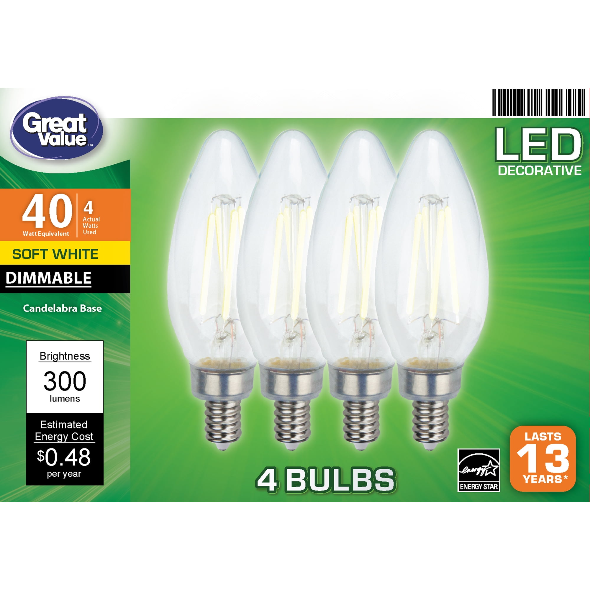 Great Value LED Light Bulb, 4W (40W Equivalent) B10 Deco Lamp E12 Candelabra  Base, Dimmable, Soft White, 4-Pack - Walmart.com