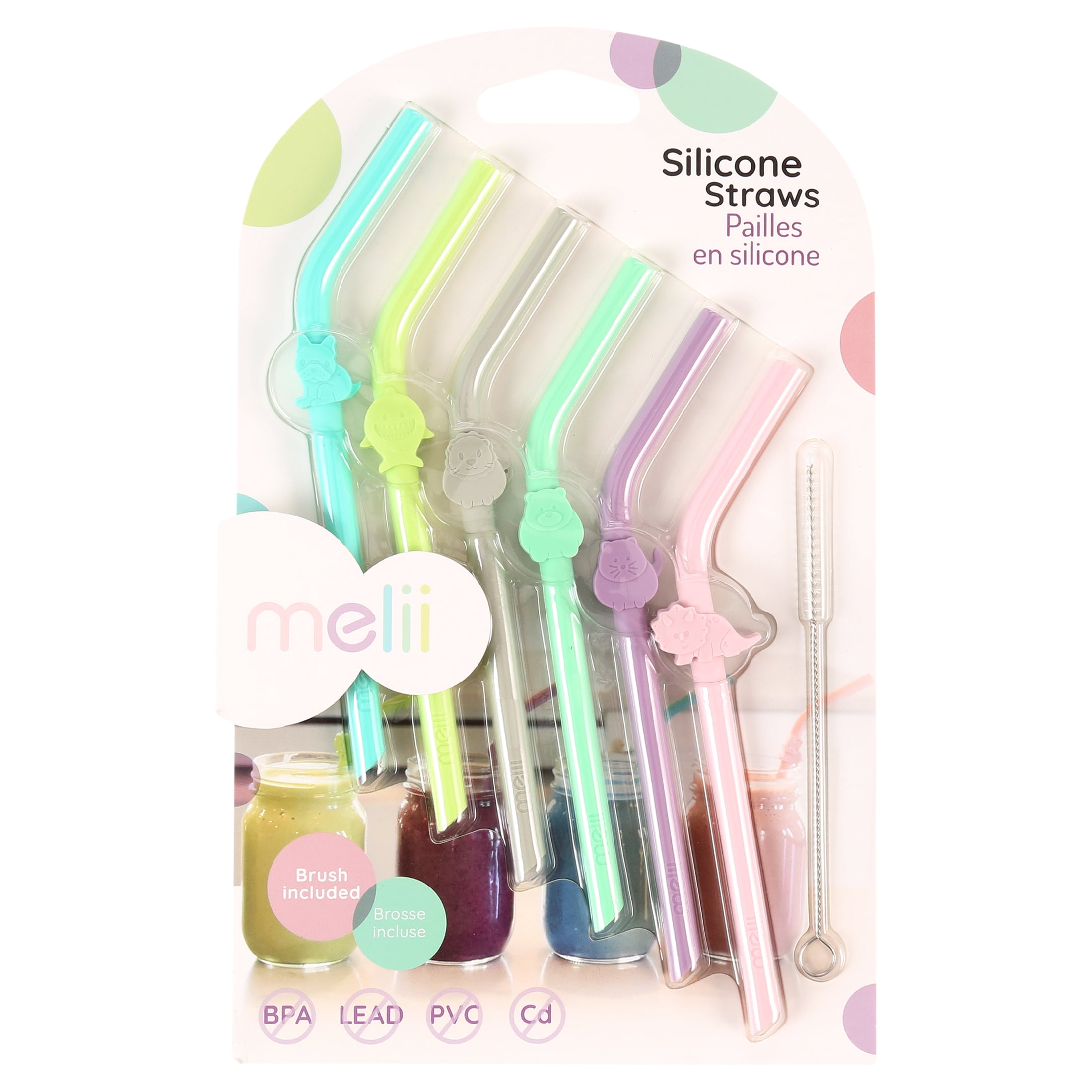 Melii Baby, Silicone Straws 6 Piece Set with Cleaning Brush, Multi-color