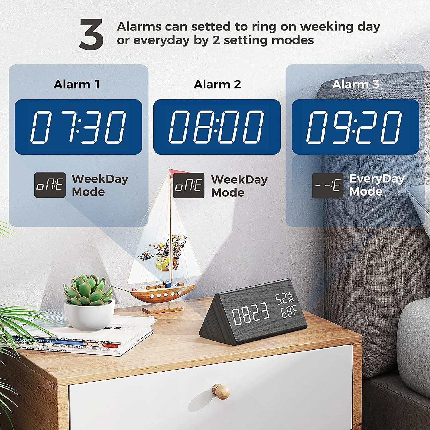 Digital Alarm Clock, Electronic LED Time Display 3 Alarm Settings Adjustable Brightness Humidity & Temperature Detect Wood Design for Bedroom, Bedside, Desk, Office (Black)
