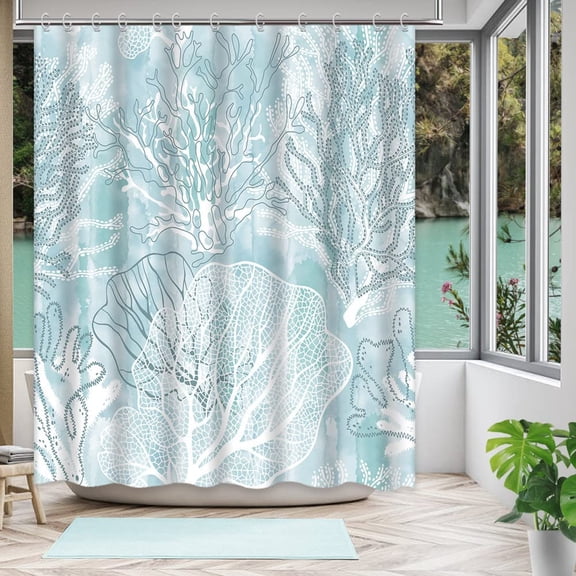 Light Aqua Blue Shower Curtain Novelty Undersea Plant Coral Floral Bathtub Curtain Cloth Fabric Bathroom Shower Curtain