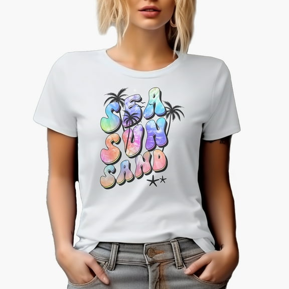 Sea, Sun and Sand with Palm Trees & Starfishes, Tie Dye Art Merch Gift, White T-Shirt, Small