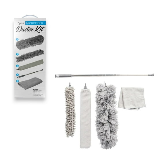 Kole Imports Microfiber Duster Kit, 5-Piece Set with Extendable Handle and Washable Heads for Ceiling Fans, Blinds, and Furniture