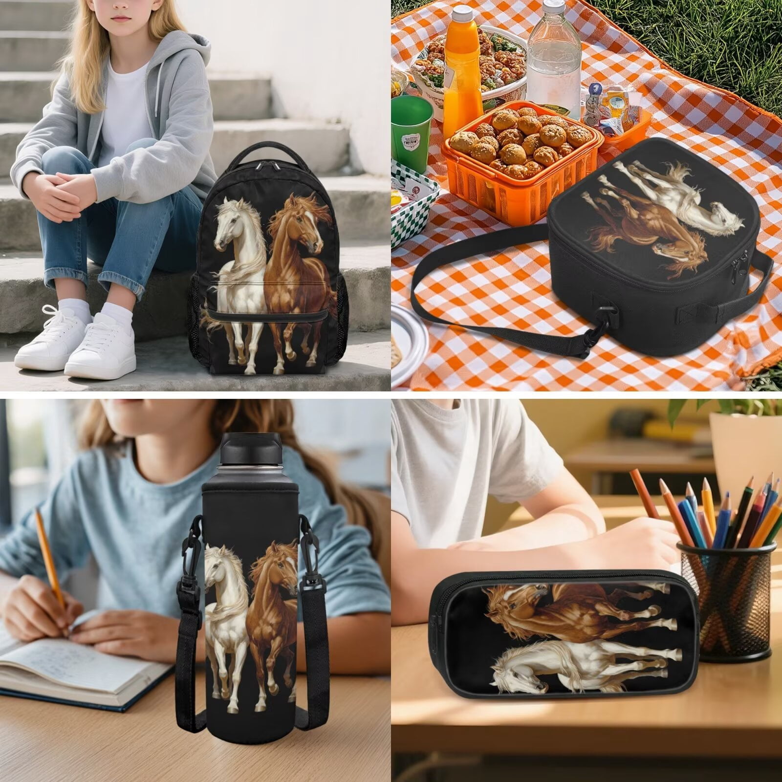 Pzuqiu Running Horses Boys Backpack Set of 5 School Bookbag Purse with Reusable Lunch Tote Bag Water Bottle Bag Pencil Case for Kids Elementary Schoolbags