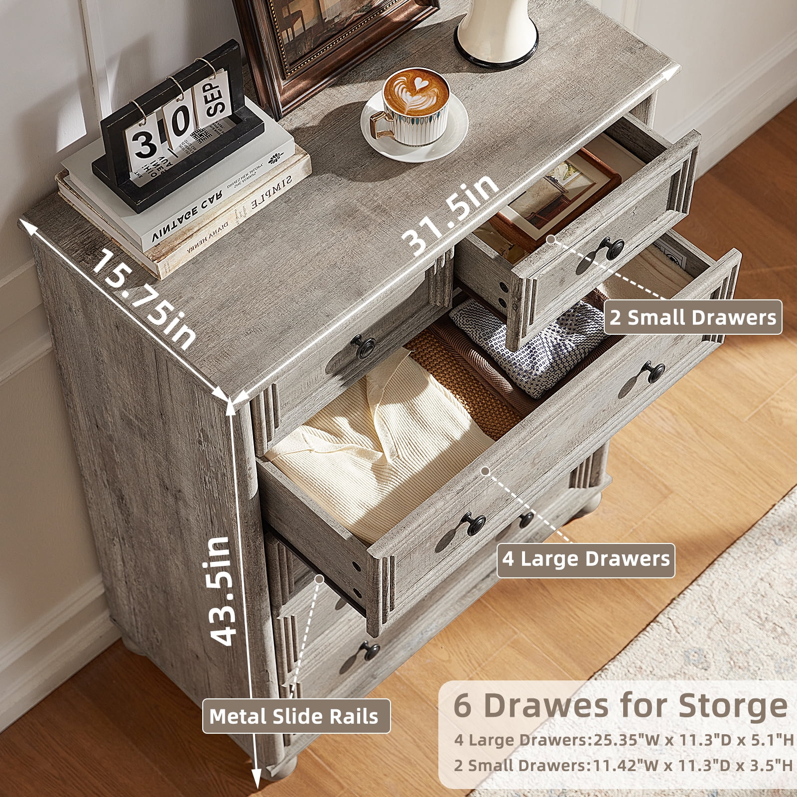 LELELINKY Farmhouse 6 Drawer Dresser, 43.5" Tall Chest of Drawers for Bedroom, Wood Storage Dressers Organizer for Living Room Hallway Closet, Grey