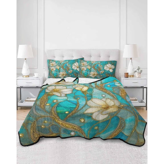 Quilts Twin Size, Teal Abstract Soft Comforter Bedding Set for Bed, Luxury Floral Golden Swirls Modern Lightweight Quilted Bedspread with Pillow Cover(2 Pieces) for All Season, 68x86 Inch
