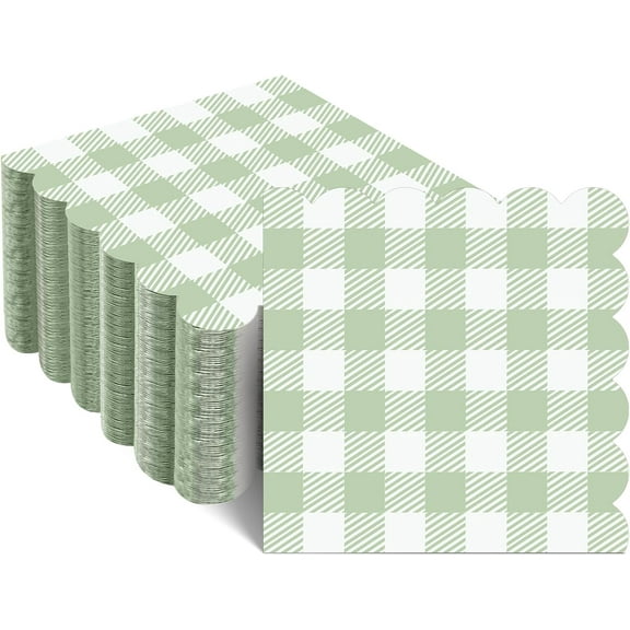 120 Pcs Green Gingham Napkins, Disposable Sage Green Napkin Scalloped Green Baby Shower Cocktail Napkins Paper Plaid Napkin for Picnic, Wedding, Baby & Bridal Shower,5 x 5 Inches