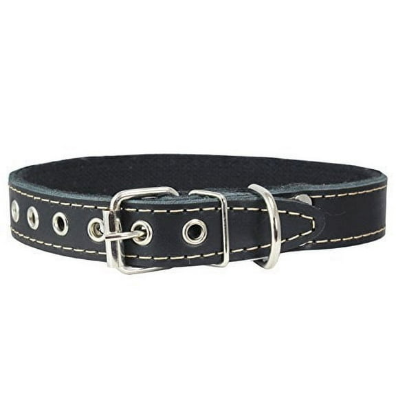 Genuine Leather Dog Collar, Cotton Padded, 1" Wide. (Neck Circumference: 17"-20", Black)