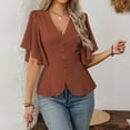 thumbnail image 6 of Stichou Women's Shirts Casual V Neck Tops Half Sleeve Elegant Spring Summer Fashion Blouses Solid Button Blouses Brown S, 6 of 7