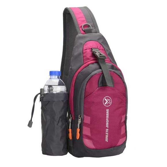 Mochila bandolera resistente al agua y al desgaste, con compartimento para botella de agua desmontable, ideal para senderismo y viajes (rosa roja)