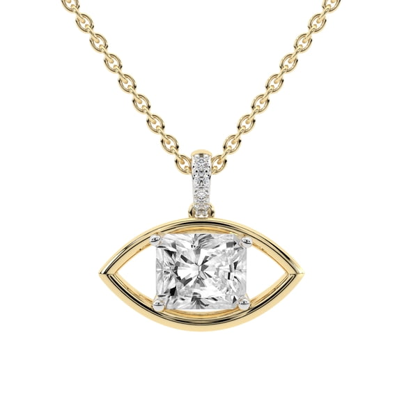 Collier Pendentif Suspendu en Diamant de Laboratoire pour Femmes / 1 Carat Certifié IGI Forme Radiant / Breloque Oeil Porte-Bonheur Pendentif en Diamant de Laboratoire en Or Jaune 14K / Qualité FG-VS1-VS2 / Friendly Diamonds