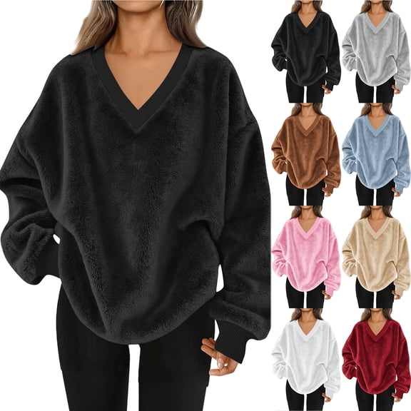 Otntypg Fuzzy Sweater for Women Fluffy Sherpa Fleece Pullover Sweaters Winter Thick Warm Long Sleeve Oversized V Neck Sweatshirt with Pockets White XL