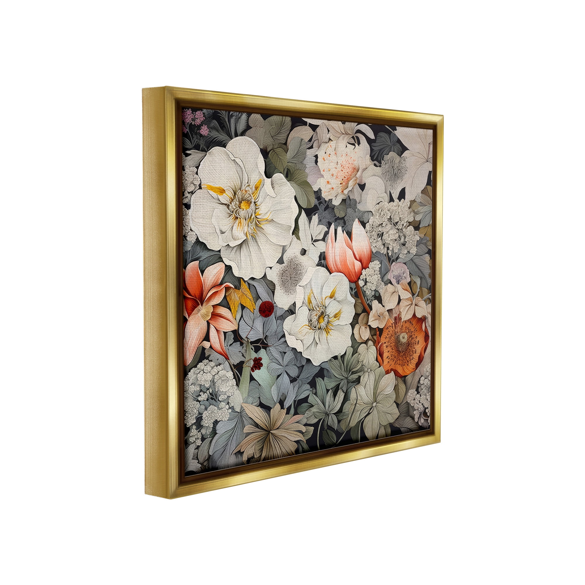 Stupell Industries Vintage Blossom Pattern Botanical & Floral Painting Gold Floater Framed Canvas Art Print Wall Art, 25 x 25