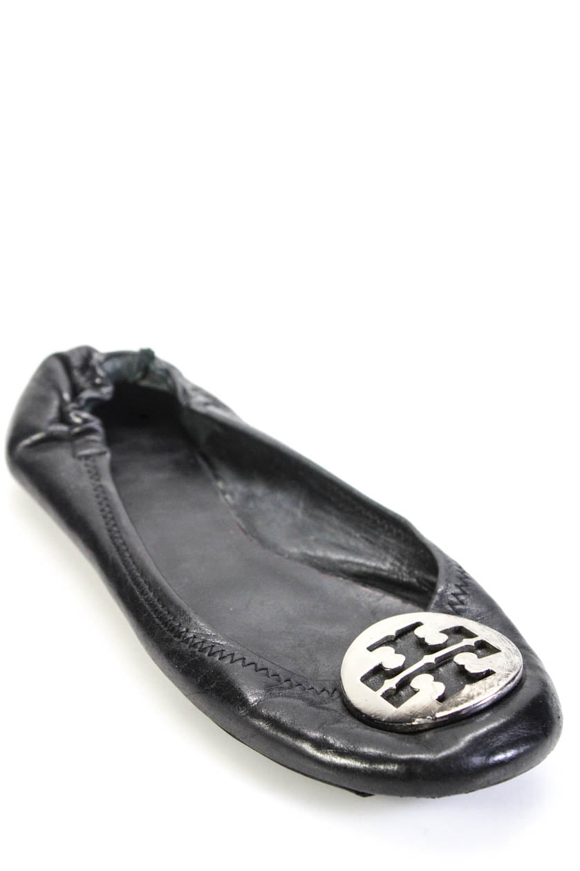 Pre-owned|Tory Burch Womens Reva Round Toe Leather Ballet Flats Black Size  6 