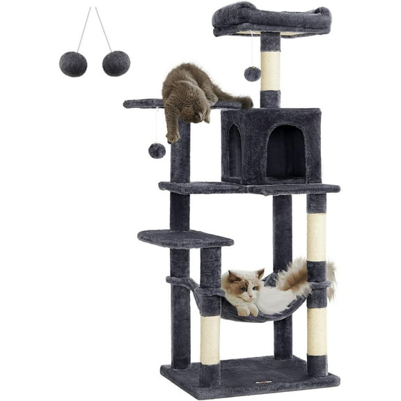 Feandrea Cat Tree, 56.3-Inch Cat Tower for Indoor Cats, Multi-Level Cat Condo with Scratching Posts, Perches, Hammock and Cave, Smoky Gray